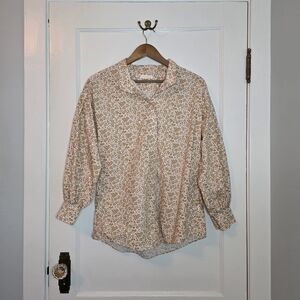 Ann Mashburn 100% Cotton Blouse – Size L - White / Caramel Floral Pattern